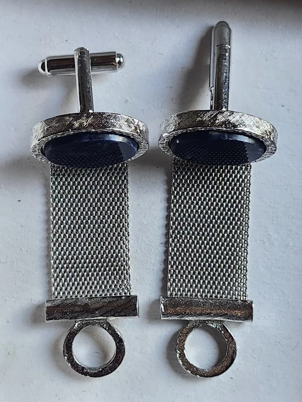 Vtg Dante Silver Tone Mesh Cufflinks with Dark Blue Oval Stones